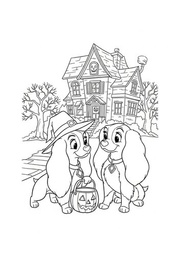 Lady And The Tramp Trick-or-treating In A Spooky Neighborhood Coloring Page
