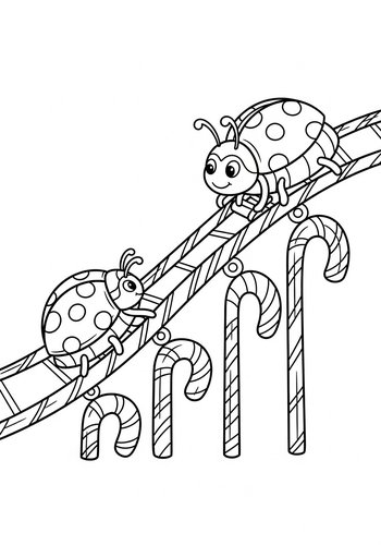 Ladybug Riding A Roller Coaster Made Of Candy Canes - Coloring Page