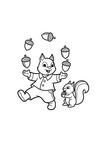 Little John Juggling Acorns With A Squirrel - Coloring Page Fun