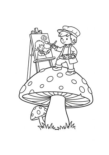 Little John Painting A Picture On A Giant Mushroom Coloring Page