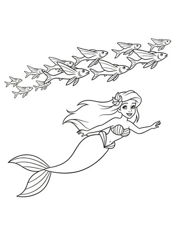 Coloring Page: Little Mermaid Flying With Flying Fish: Coloring Page Fun