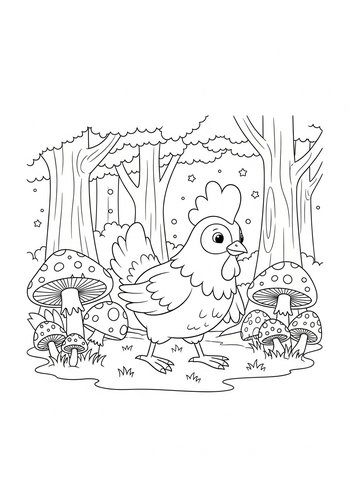Coloring Page: Little Red Hen Exploring A Magical Forest With Glowing Mushrooms Coloring Page