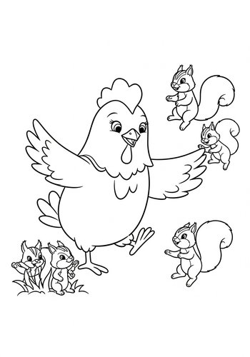 Coloring Page: Little Red Hen Playing A Game Of Tag With Squirrels - Coloring Page