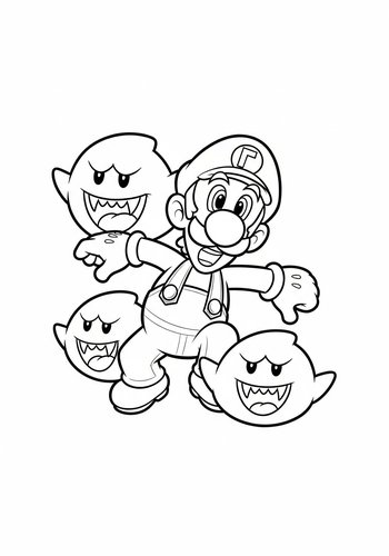 Luigi Playing Hide-and-seek With Boos In A Haunted Mansion Coloring Page