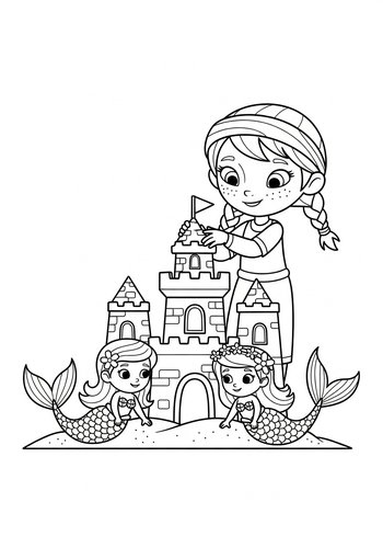 Coloring Page: Luisa Building A Sandcastle With Mermaids: Coloring Page Fun
