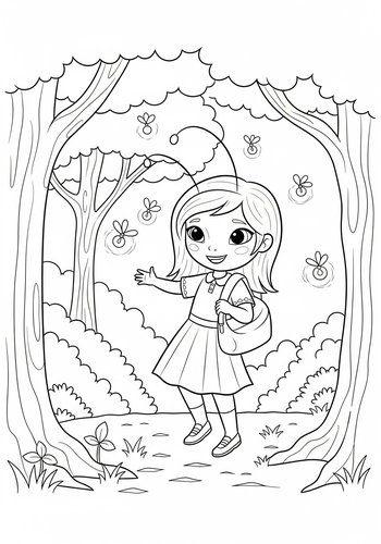 Coloring Page: Luisa Playing Hide-and-seek With Fireflies In A Enchanted Forest Coloring Page