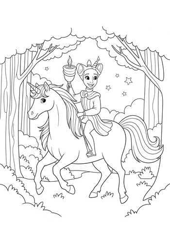 Lumiere Riding A Unicorn Through A Magical Forest Coloring Page