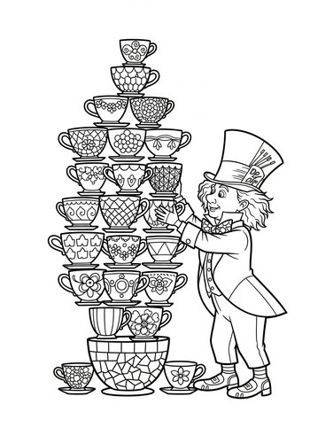 Coloring Page: Mad Hatter Creating A Giant Mosaic Using Colorful Teacups Coloring Page