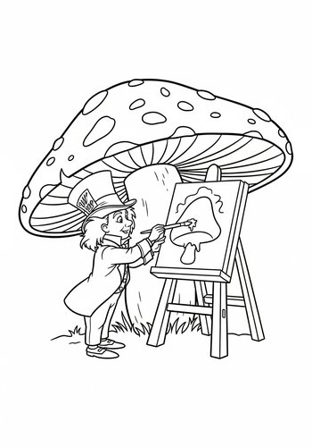 Mad Hatter Painting A Giant Mushroom - Coloring Page Fun