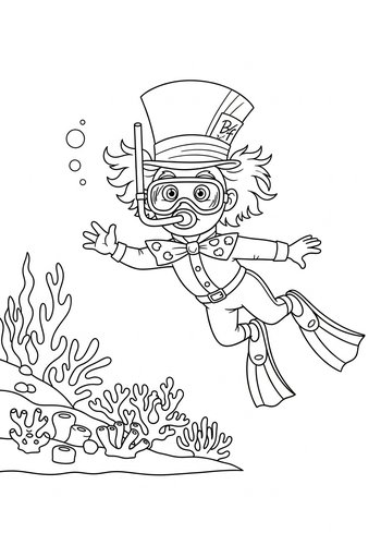 Mad Hatter Wearing A Diving Suit And Exploring A Coral Reef Coloring Page