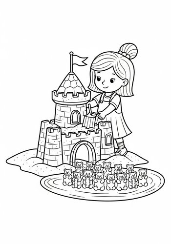 Maggie Building A Sandcastle With A Moat Filled With Gummy Bears Coloring Page