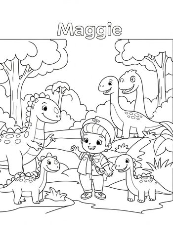 Maggie Exploring A Jungle With Friendly Dinosaurs Coloring Page
