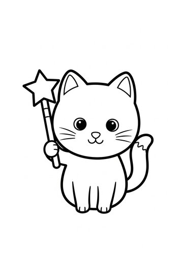 Magical Kitty Coloring Page: Cute Cat With Star Wand