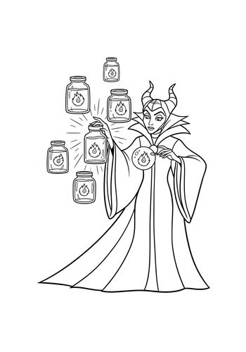 Maleficent Creating A Light Show With Fireflies In Jars: Coloring Page