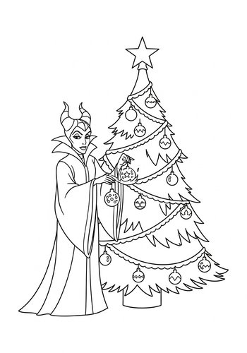 Maleficent Decorating A Christmas Tree With Enchanted Ornaments Coloring Page