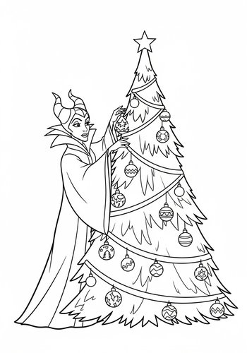 Maleficent Decorating A Giant Christmas Tree With Enchanted Ornaments - Coloring Page