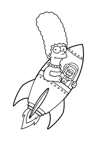 Coloring Page: Marge Simpson Exploring Outer Space In A Rocket Ship Coloring Page