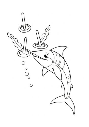 Coloring Page: Marlin Playing A Game Of Ring Toss With Floating Rings Made Of Seaweed.