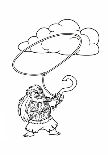 Maui Using His Hook To Lasso A Cloud - Coloring Page
