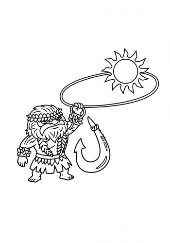 Maui's Myth: Coloring Page Of Maui Using His Fishhook To Lasso The Sun