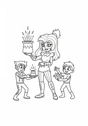 Megara Performing Magic Tricks With Pain And Panic As Her Assistants - Coloring Page