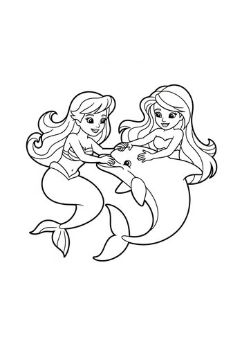 Mermaid Friends With Dolphin Coloring Page
