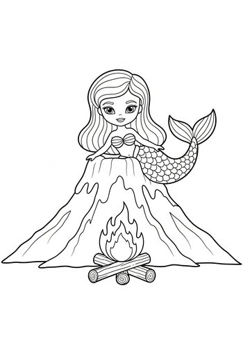 Mermaid On Volcano Coloring Page