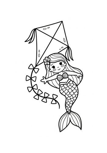 Mermaid With Kite Coloring Page For Kids