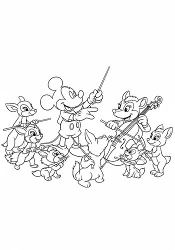 Coloring Page: Mickey Mouse Conducting An Orchestra Of Woodland Creatures Coloring Page