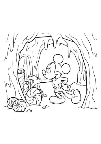 Mickey Mouse Exploring A Candy-floss Cave: Coloring Page