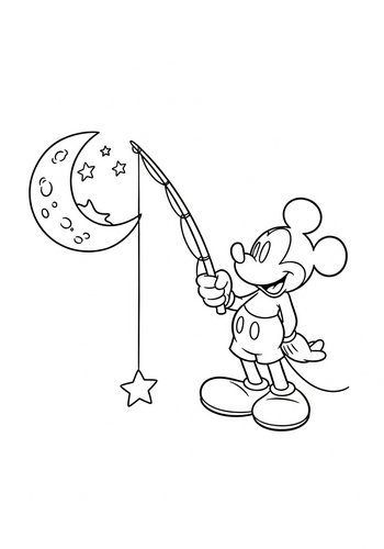 Mickey Mouse Fishing For Stars From The Moon - Coloring Page