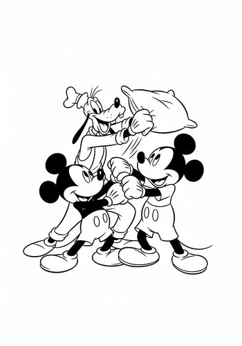 Mickey Mouse Having A Pillow Fight With Goofy - Coloring Page