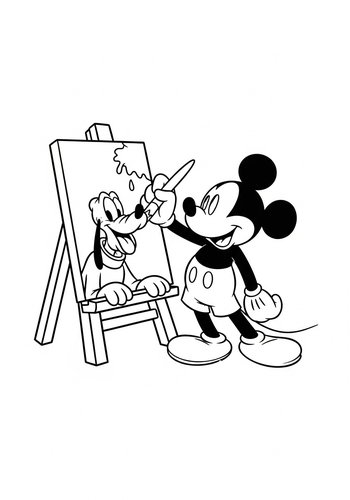 Coloring Page: Mickey Mouse Painting A Portrait Of Pluto Coloring Page