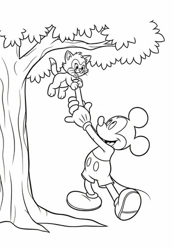 Mickey Mouse Rescuing A Kitten From A Tree - Coloring Page