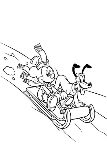 Coloring Page: Mickey Mouse Sledding Down A Snowy Hill With Pluto - Coloring Fun