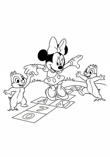 Coloring Page: Minnie Mouse Playing Hopscotch With Chip And Dale - Coloring Page Fun