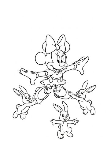 Minnie Mouse Playing Leapfrog With Bunnies - Coloring Page Fun