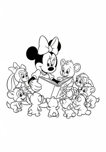 Coloring Page: Minnie Mouse Reading A Storybook To Baby Animals Coloring Page