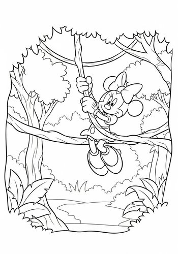 Minnie Mouse Swinging On A Vine Through A Jungle Coloring Page
