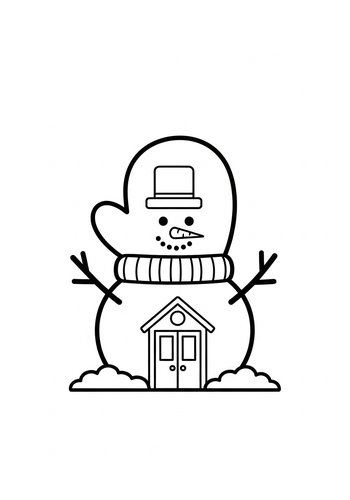 Mitten Snowman House Coloring Page