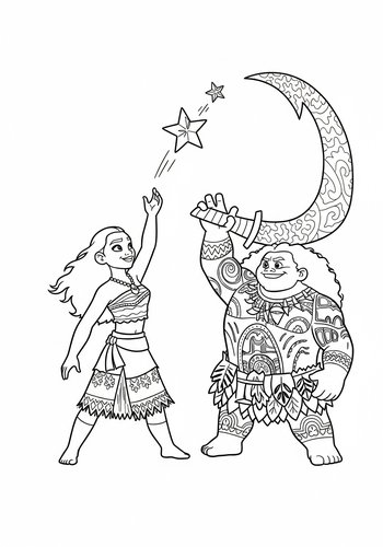 Moana And Maui Catching A Falling Star - Coloring Page