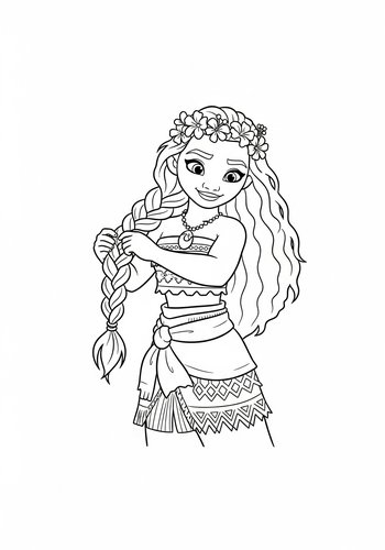 Moana Braiding Sina's Hair With Colorful Flowers - Coloring Page Fun