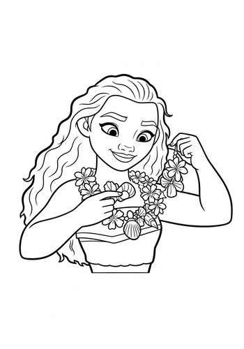 Coloring Page: Moana Creating A Necklace Of Seashells And Flowers: Coloring Page