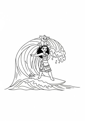 Coloring Page: Moana's Epic Ride: Surfing A Giant Wave With Pua Coloring Page
