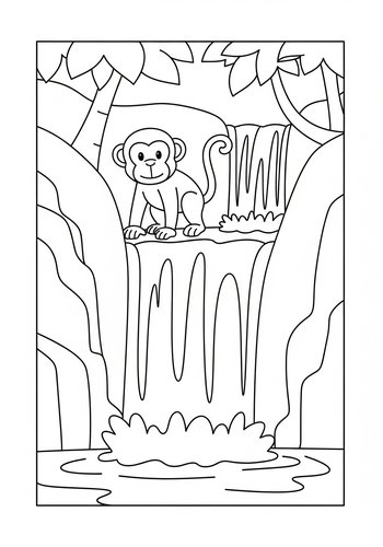 Monkey At Waterfall Coloring Page