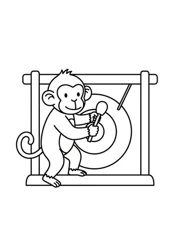 Monkey Hitting Gong Coloring Page