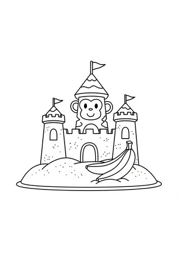Monkey Sandcastle Coloring Page