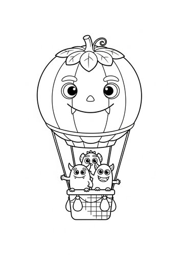 Monsters Flying A Hot Air Balloon Shaped Like A Pumpkin Coloring Page