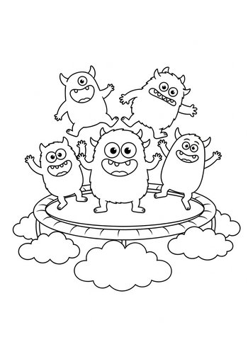 Monsters Jumping On A Trampoline Made Of Clouds - Coloring Fun
