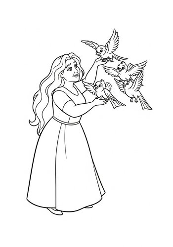 Mother Gothel Teaching Baby Birds To Fly: Coloring Page